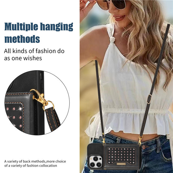 Bling Crossbody Bag Wallet iPhone 14 Pro Case with Lanyard Strap