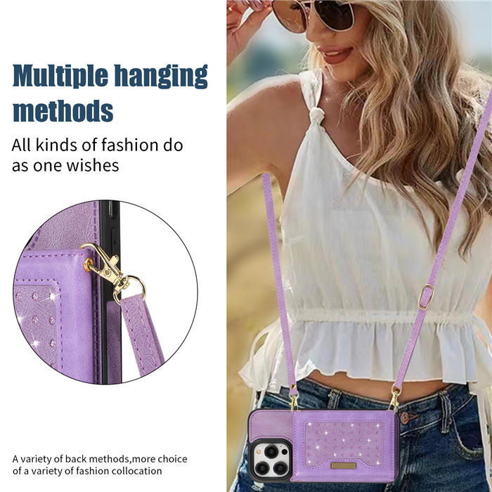 Bling Crossbody Bag Wallet iPhone 14 Pro Case with Lanyard Strap