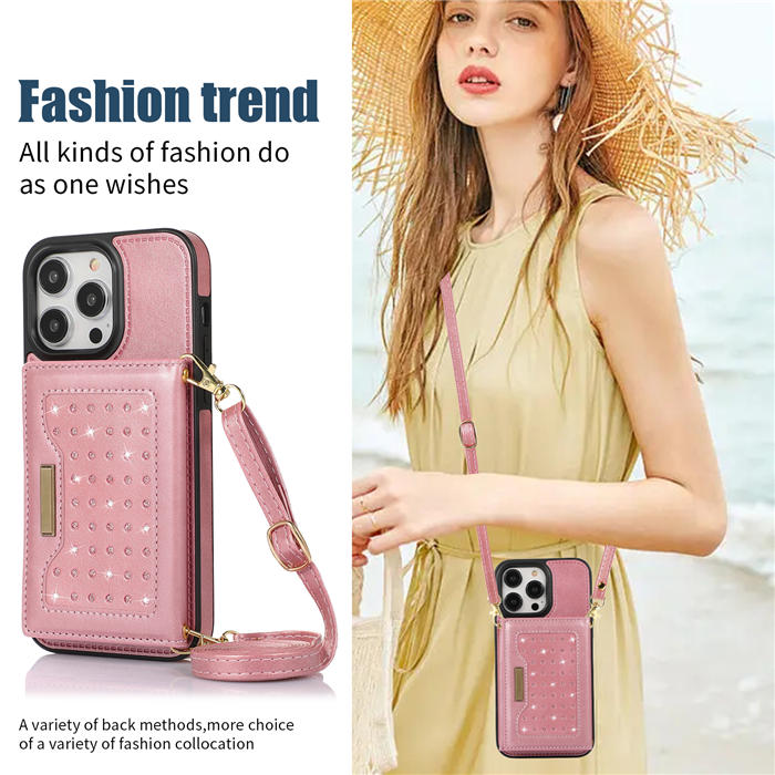 Bling Crossbody Bag Wallet iPhone 14 Pro Max Case with Lanyard Strap