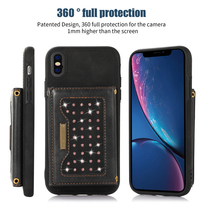 Bling Crossbody Bag Wallet iPhone XS Max Case with Lanyard Strap